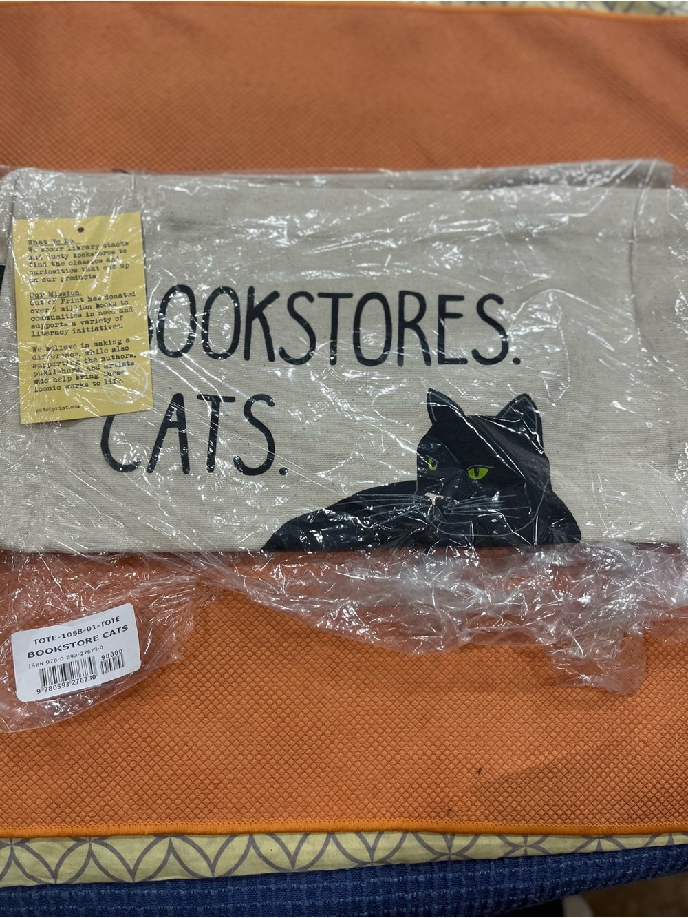 Out of Print Natural Tote Bag with Black Cat and Green Eyes